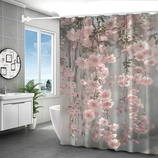Bruseforhæng med lyserøde kirsebærblomster, badeværelsesforhæng, maskinvaskbar polyester, jule- og vinterdekoration[LD]