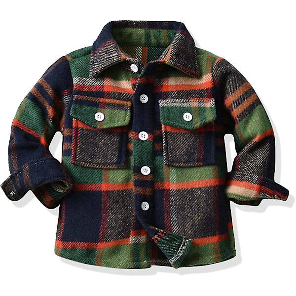 Flannelskjortejakke til baby drenge & piger | Langærmet reversknappet jakke | Efterår vinter overtøj 2-3T | Mørkegrøn