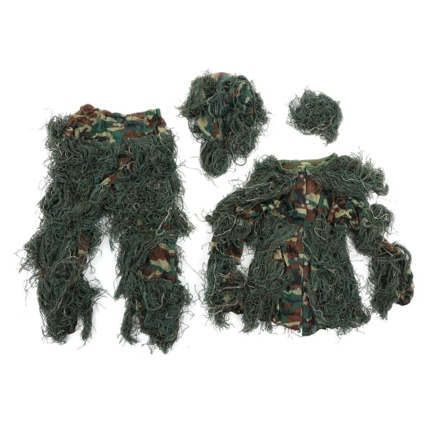 Ghillie-puku 5 in 1 vihreä naamiointipuku, jossa takki, housut, huppu, kantolaukku ja naamiointiteippiä lapsille ja teini-ikäisille, pituus 4,3 - 4,9 jalkaa