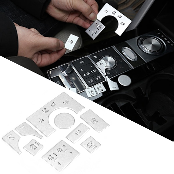 9 kpl Alumiiniseos Auto Sisustus Keskikonsoli Tila-Painike Tarra Sopii Land Rover 14-17