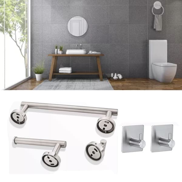 5 Pieces Bathroom Hardware Accessory Set Towel Rack Paper Holder Hook Self-Adhesive Hook Multifunction Bathroom Set Silver