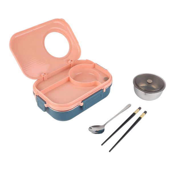 Termisk Madkasse 1100ml Dobbeltlags 3-Ruds Design 304 Rustfrit Stål Bento Box med Spisepinde Ske Spiseskål Rosa
