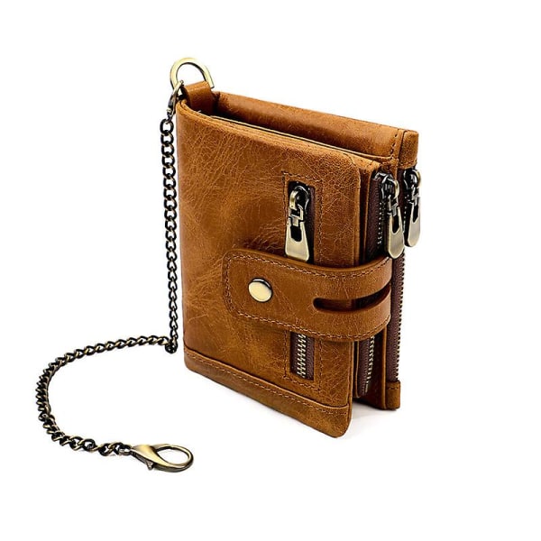 Herre lommebok med kjede Rfid blokkerende lærlommebok Bifold lommebok med kredittkortholder og myntlomme med glidelås brown
