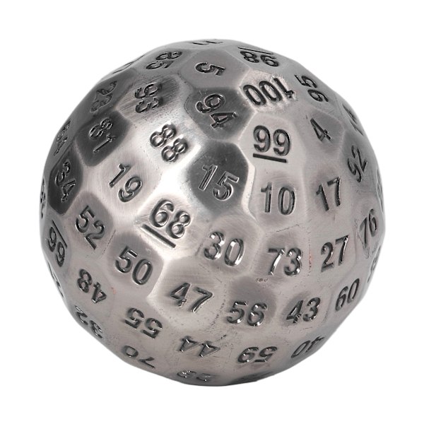 Polyedriska metalltärningar Utsökt tunga 100-sidiga rollspelstärningar för bordsbrädespel 2 in diameter silver