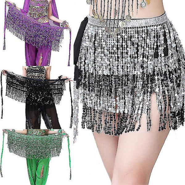 Glimtende Sequin Mave-Danse Skørt med Tassel Kant - Kvinders/Piger Sølv Kostume