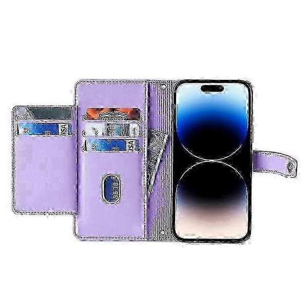 Kompatibelt för iPhone 14 Pro, texturerat PU-läder, flera kortfack, stativ, dragkedja, vikbart lock, plånboksfodral med handledsficka, S JH8 Purple