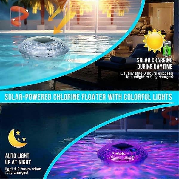 LED soldrevet klordispenser til pool, til 2,5 cm og 7,5 cm tabletter