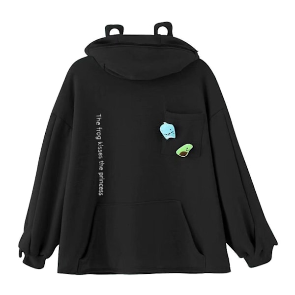 Vinter varm svart groda fleece hoodie oversized sweatshirt huvtröja XL