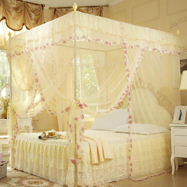 Luksus Prinsessa 3 Sivuaukkoa Tolppavuode Verho Baldakiini Mosquito Net Sängi Verhot (Keltainen S)