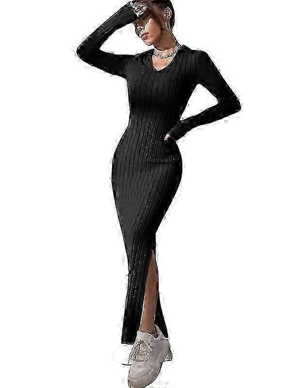 【LD】Dame Crewneck Pullover Sweaterkjole Slim Fit Strikkede Bodycon Kjoler Black M
