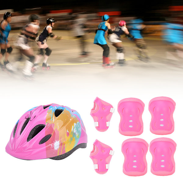 7 st Skyddsutrustning för skridskocykel för barn Säkerhetshjälm Knä Armbåge Handledsskydd Rosa färgglada barn