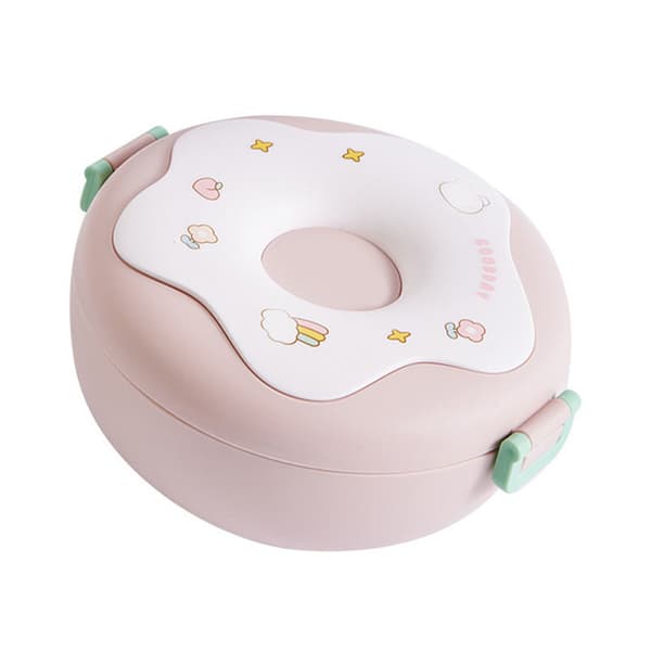 Bento Bowl Donut Shape Heatable with Lid Fork Spoon Plastic Lunch Container for Office School Pink