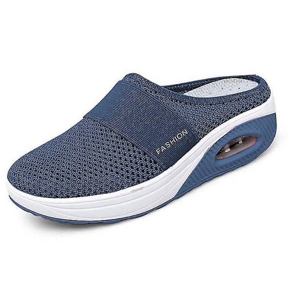 Blå Ortopediska Diabetiska Luftkudde Slip-on Walking Shoes Flat Platform Wedge Slider