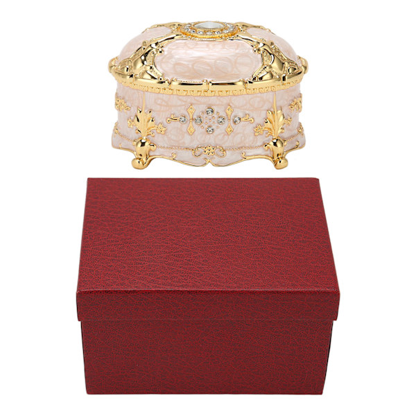 Vintage ovalt smykkeskrin Retro-legering Antik emalje Guldkant Rhinestone Prydboks Hvid
