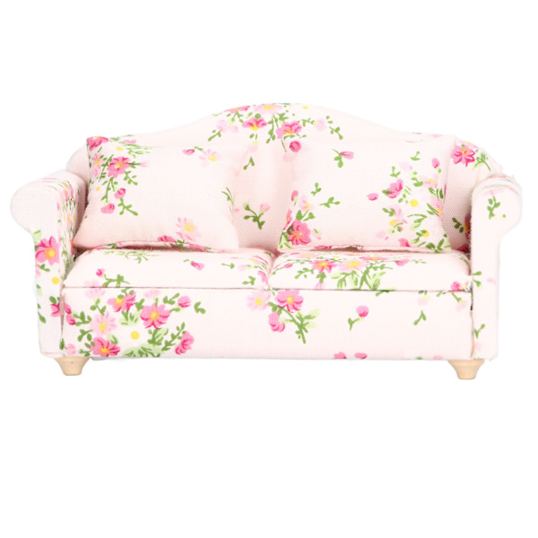 Miniatyrsoffa 1/12 skala rosa grönt blommönster Björkträ Dockhus dubbelsoffa för födelsedagar Present DIY-spel