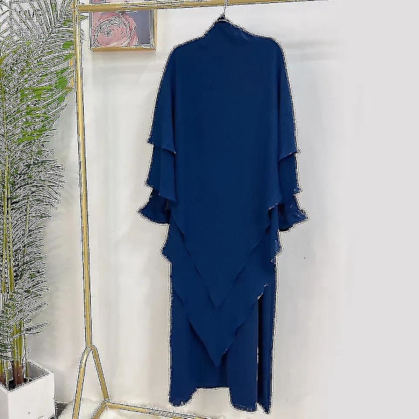 Ramadan Eid muslimsk kvinnors 2-delade marinblå Abaya-set med hijab