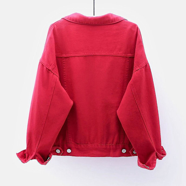 Varm dam solid denimjacka, långärmad ytterkläder - Röd XL