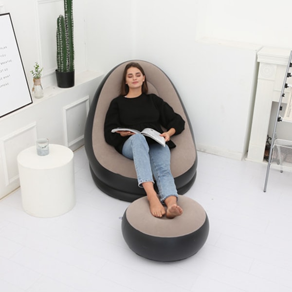 Uppblåsbar stol Fällbar flockande PVC Bekväm med fotpall Blow Up Lounge stol för utomhuscamping resor kaffe