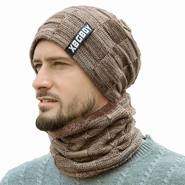 Menn kvinner strikket lue + fleece foret skjerf hals varmere sett Unisex vinter ski cap Brown