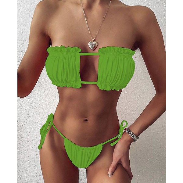 Sexig Bikini Plisserad Bandeau Baddräkt Dam Badkläder Kvinnor Mini Thong Bikini Set Simning Strandkläder Avocado Green M