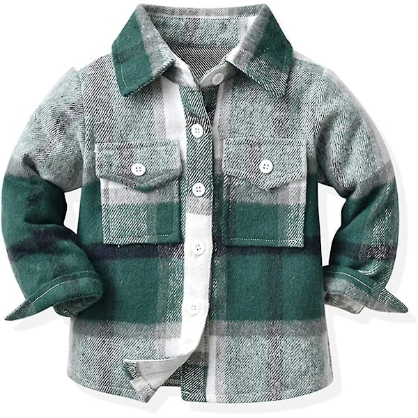 Flanell-skjortejakke for småbarn, gutter og jenter, lang ermet jakke med revers og knapper, høst- og vintertøy - A-grønn 8-9 år