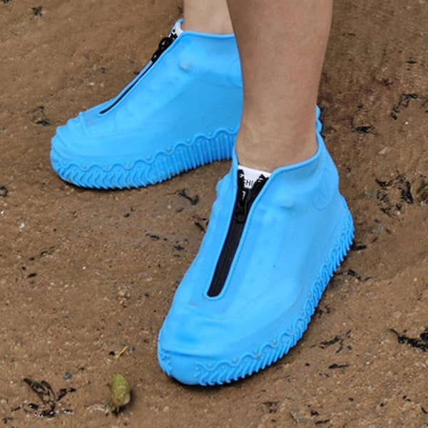 Vattentät silikon skoöverdrag, återanvändbara hopfällbara halkfria regnskoöverdrag med dragkedja, skoskydd Överdragsskor Regngaloscher för barn, män och kvinnor Blue L