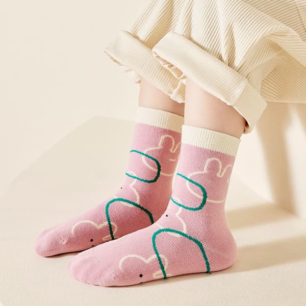 Børnesokker til midtkalven med bløde, åndbare kaninmønstre - Pink L (6-8 år)