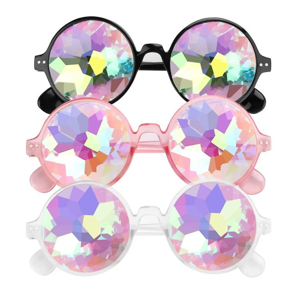 Kaleidoskooppilasit, 3 Pack Festival Rave Rainbow -aurinkolasit, Kristallilinssit, Moniväriset Fractal Prism Glasses Party