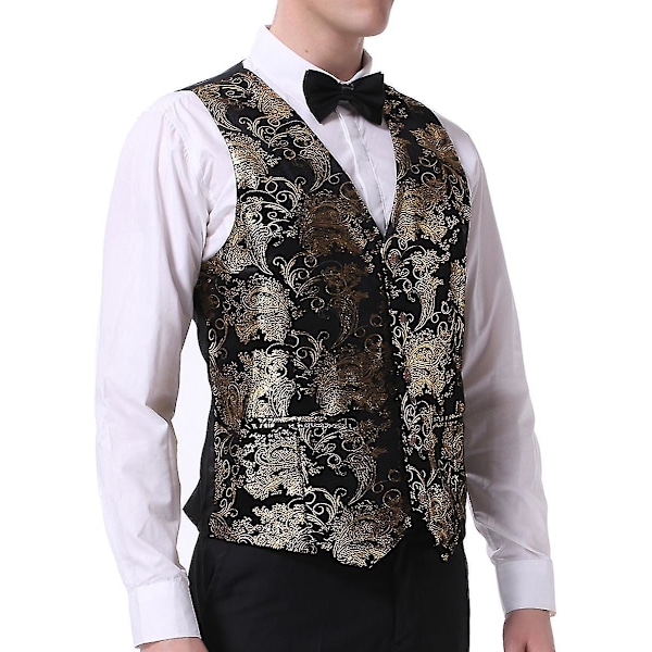 Tryckt V-ringad affärsmässig casual herr kostym väst - 6 färger (XL, Svart/Guld/Silver)
