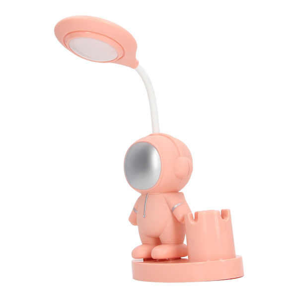 Lille skrivebordslampe Tegneserie Astronaut Form Genopladelig skrivebordslampe med penneholder Spids til sovesal i soveværelse Rosa