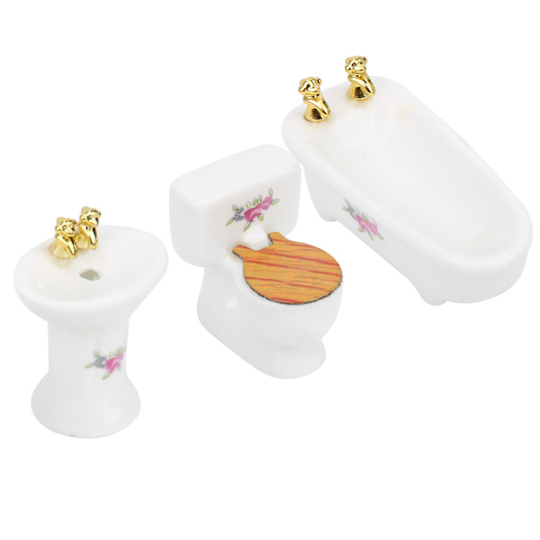1/24 Nuken talo Miniatyyri kylpyhuonesetti Simuloitu Keramiikka kylpyamme WC-pönttö Pesualtaan sarjaRose