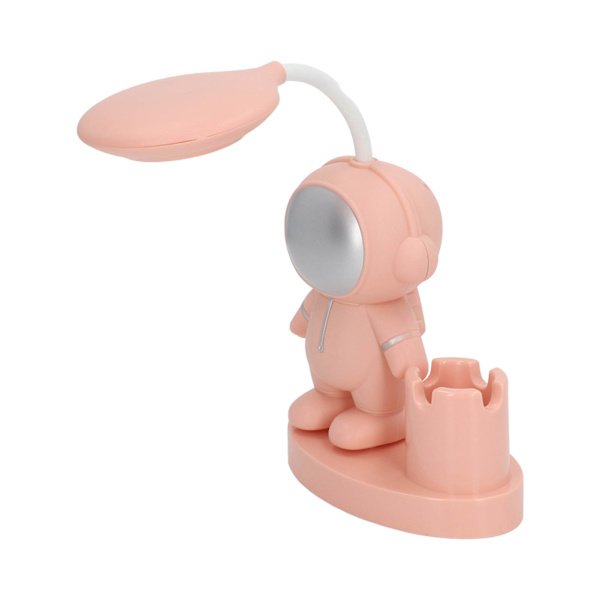 Lille skrivebordslampe Tegneserie Astronaut Form Genopladelig skrivebordslampe med penneholder Spids til sovesal i soveværelse Rosa