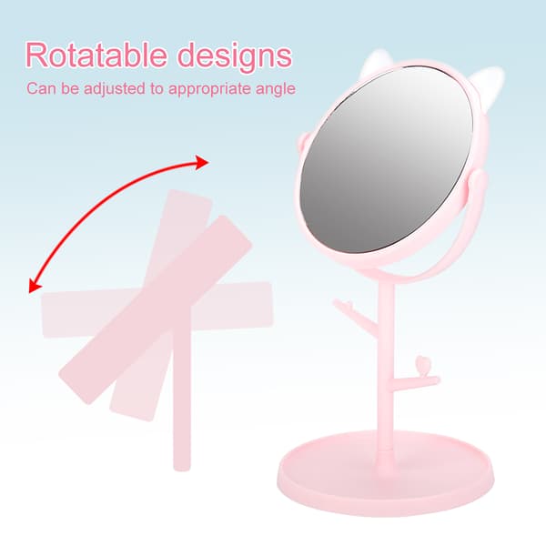 Trendy Cute Desktop Makeup Mirror Rotatable Household Mirror with Tray Cat Ear Pink
