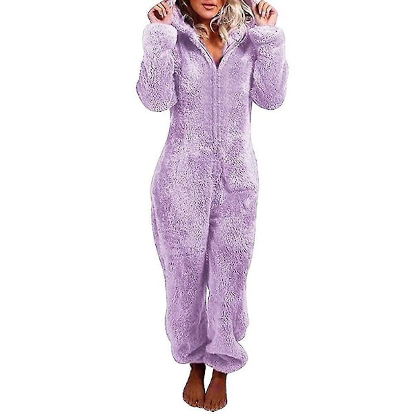 Vintervarm Fleece-Jumpsuit med Hætte | Kvinders Langærmet Én-delt Nattøj | Ensfarvet Lynlåslukning | Afslappet Plys | Himmelblå