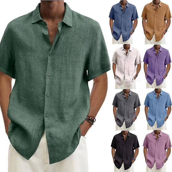 Sommermænds Bomuld Linned Løstsiddende Bluse med Knaplås Krave, Korte Ærmer og Oversized Design - Mørkegrå (S-5XL)