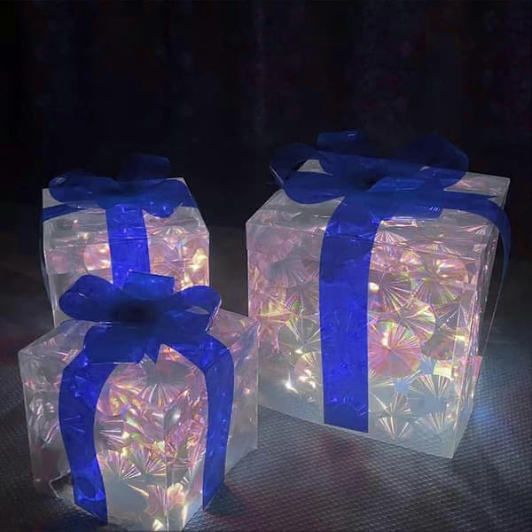 Set med 3 julklappsaskar med upplysta presenter, hopfällbara, batteridrivna, varma ljus Blue Warm Light