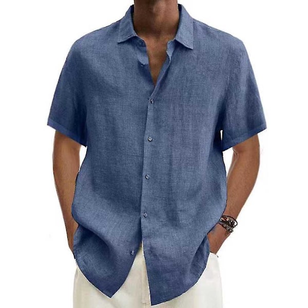 Herr sommar bomull linne lös passform knapp ner kortärmad blus - Khaki