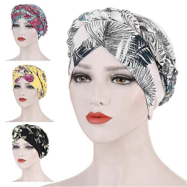 Elegant blomstertrykk elastisk hodeplagg for kvinner, turbanhatt for kreft, cellegift, hårtapshatt Black