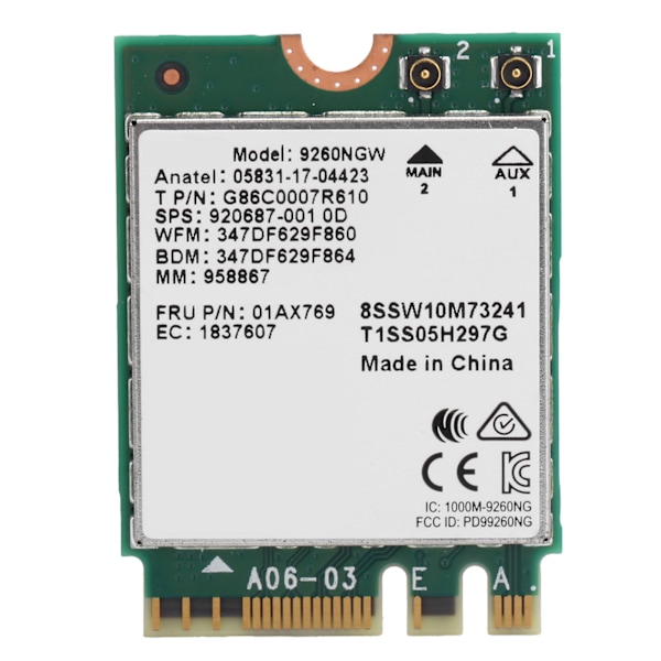 Trådløst Wifi-kortantenne Bluetooth 5.0 Dual Band Leverer 9260NGW NGFF 1730Mbps 802.11ac2 Interne antenner