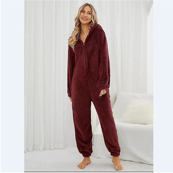 Naisten talvi lämmin fleece-haalari huppuinen pyjama - Viininpunainen