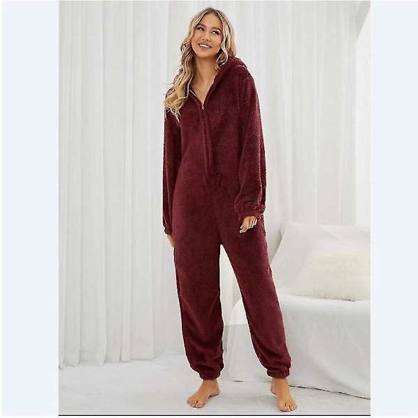 Vintervarm fleece-jumpsuit med hette for kvinner - Vinrød