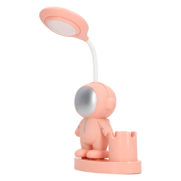 Lille skrivebordslampe Tegneserie Astronaut Form Genopladelig skrivebordslampe med penneholder Spids til sovesal i soveværelse Rosa