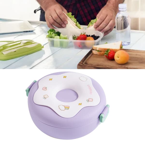 Bento Bowl Donut Shape Heatable with Lid Fork Spoon Plastic Lunch Container for Office School Purple