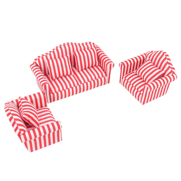 3 stk Dukkehussofa Sett Furutrekk Dobbelsofa 2 Enkelsofa Lys Farge Stripe Miniatyr Sofa for 1:12 Dukkehjem Rød