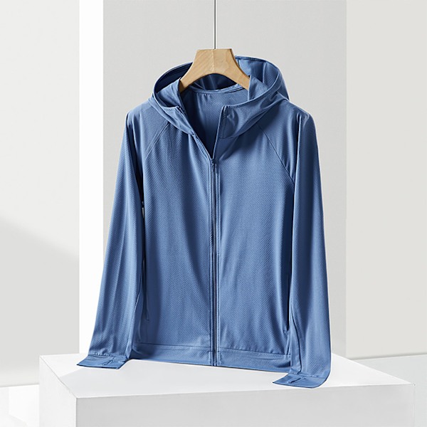 Män UPF 50+ Solskydd Lättvikts Full Zip Hoodie Jacka Långärmad Solskyddande Jacka för Fiske Vandring Utomhus Blå XL