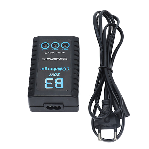 Batteribalanceoplader til 2‑3S polymermodelflybatteri 7,4V/11,1V 20W 1,6A B3EU-stik 100‑240v