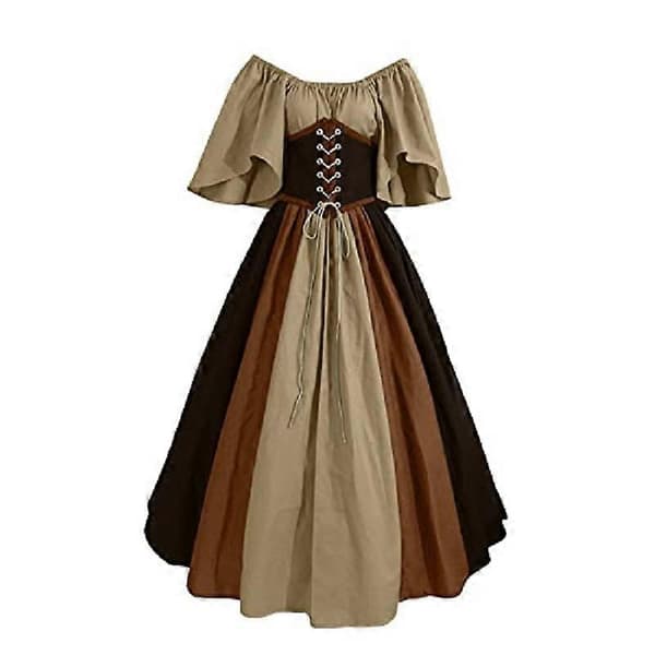 Middelalder Tøj Dame Kortærmede Gotiske Kjoler Halloween Karneval Kostume Retro Festkjoler Brune Brown S