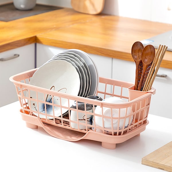 Oppvaskstativ Rask drenering Avtakbar bunn Dreneringsbrett Design Sterk plast Oppvaskstativ for gaffel Spisepinner Rosa