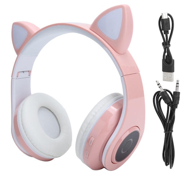 Bluetooth 5.0 Stereo Musik Hörlurar Kattöron Belysning Söta Hörlurar för Unga Rosa Cirkelmönster