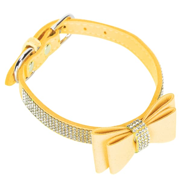Adjustable Microfiber Double Bowknot Crystal Sparkle Rhinestone Cat Collar Pet Supply Yellow XL